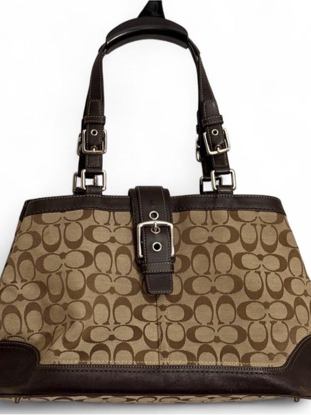Coach Brown Signature Canvas Shoulder Bag with Dark Brown Trim